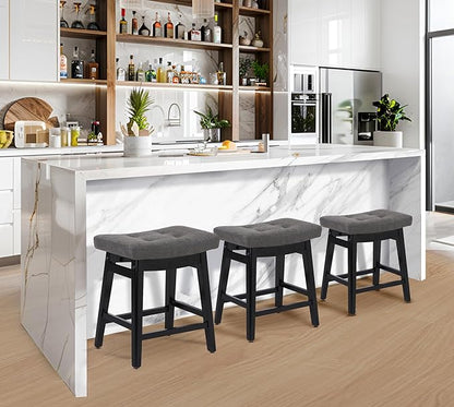 Counter Height Bar Stools Set of 6 for Kitchen Counter Farmhouse Modern Barstools with Faux Leather Upholstered Backless Seat and Solid Wood Legs 24 inch Bar Chairs, Grey + Black