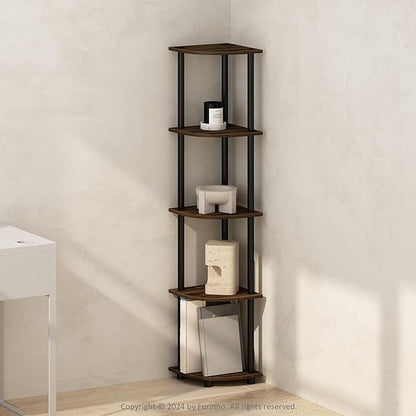 Furinno Turn-N-Tube Corner Shelf, 5-Tier Corner Display Rack, Shelving Unit, for Organization and Storage, Living Room, Home Office, Garage, Bedroom, Columbia Walnut