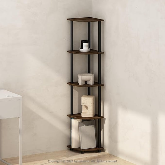 Furinno Turn-N-Tube Corner Shelf, 5-Tier Corner Display Rack, Shelving Unit, for Organization and Storage, Living Room, Home Office, Garage, Bedroom, Columbia Walnut
