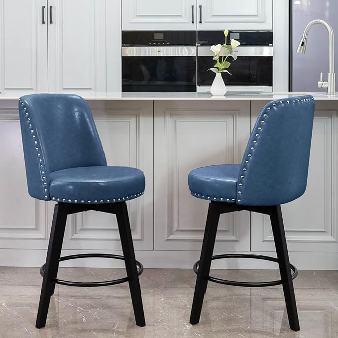 MINCETA Bar Stools Set of 3, PU Leather Barstools, 26 Inch Upholstered Counter Stools with High Back and Footrest, Swivel Counter Height Barstools for Kitchen Island Home Bar Navy Blue