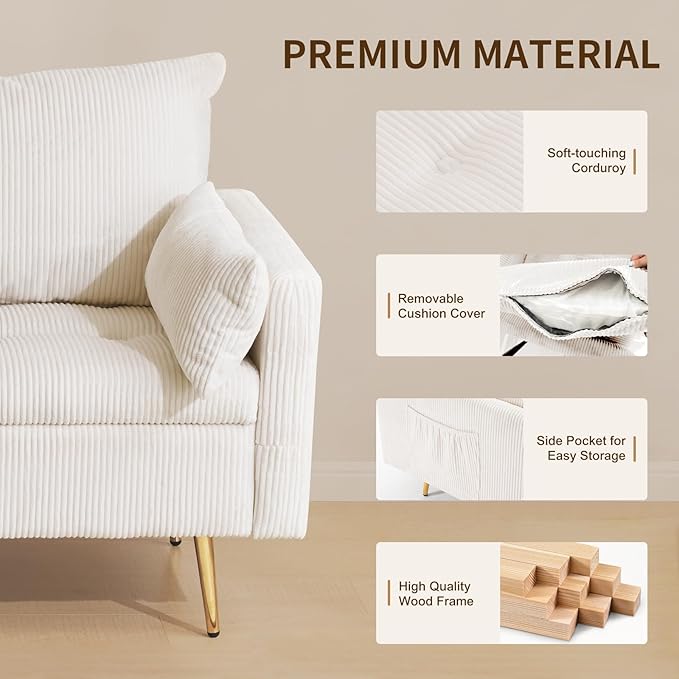 Furnimart 2-Seater Storage Loveseat Sofa for Small Spaces, 62“ Corduroy Small Couch with Removable Cushion Cover and Gold Leg for Bedroom, Apartment, Tiny Homes and Lofts, Beige
