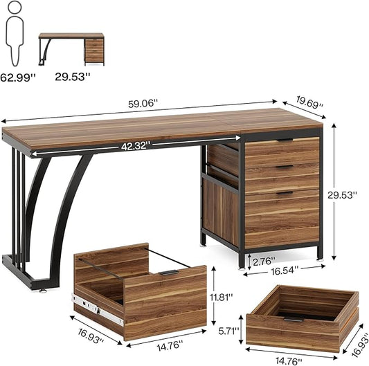 Tribesigns Computer Desk with 3 Drawers, 59-Inch PC Desk with Reversible Drawers, Industrial Study Writing Table Workstation with File Storage for Home Office, Walnut