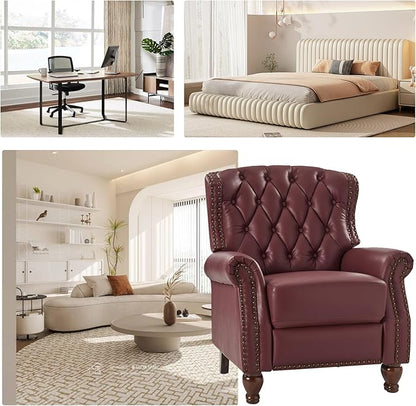 HULALA HOME Genuine Leather Recliner Chair Set of 2 w/Solid Wood Feet, Modern Adjustable Tufted Push Back Arm Chair w/Rivet Decoration, Home Theater Seating Reclining Sofa for Living Room, Burgundy