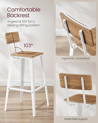 VASAGLE Set of 2 Bar Stools, Bar Height Stools, 29.1 Inches Tall Barstools with Back, Counter Bar Chairs for Kitchen Island, Steel Frame, Industrial Style, Easy Assembly, Wheat Brown and Cloud White