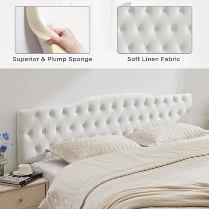 Upholstered King Headboard, Button Diamond Tufted Headboard with Adjustable Height and Solid Wood Leg, Velvet Padded Headboards for King Size Bed, Modern Head Board, White