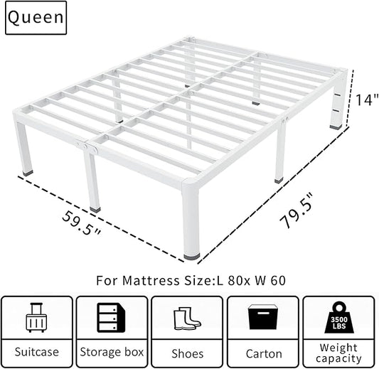 ROIL 14 Inch White Queen Bed Frame with Rounded Corner and Headboard Hole Mattress Retainers 3500LBS Heavy Duty Steel Slats No Box Spring Needed Platform Noise-Free Easy Assembly