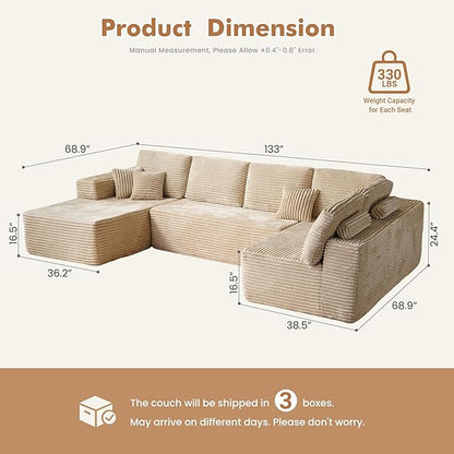 Oversized U Shaped Boneless Sectional Cloud Couch, 133.1'' Modular Sofa with Chaise, Deep Seat Plush Corduroy Couches for Living Room, No Assembly Required,Plush Corduroy,Beige