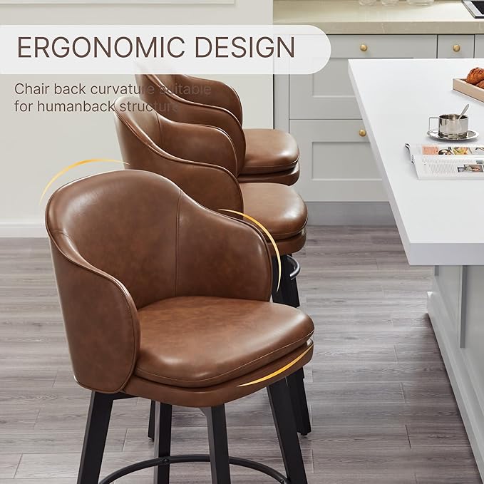 Counter Height Barstools 26 inch Upholstered Swivel Bar Stools with Back and Wood Legs for Kitchen Island,Set of 3,Brown PU Leather