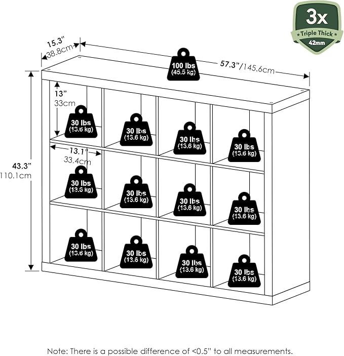 Furinno Cubicle Book Shelf, 12-Cube Bookshelf, Triple Thick Frame Cube Storage Organizer, Bookcase, 15.4 x 57.4 x 43.4, for Home Office, Living Room, Plain White