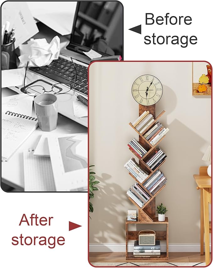 7 Tier Tree Bookshelf with Clock and Storage Cabinet, Small Narrow Floor Standing Bookcase for Bedroom, Living Room, Home Office, Rustic Brown