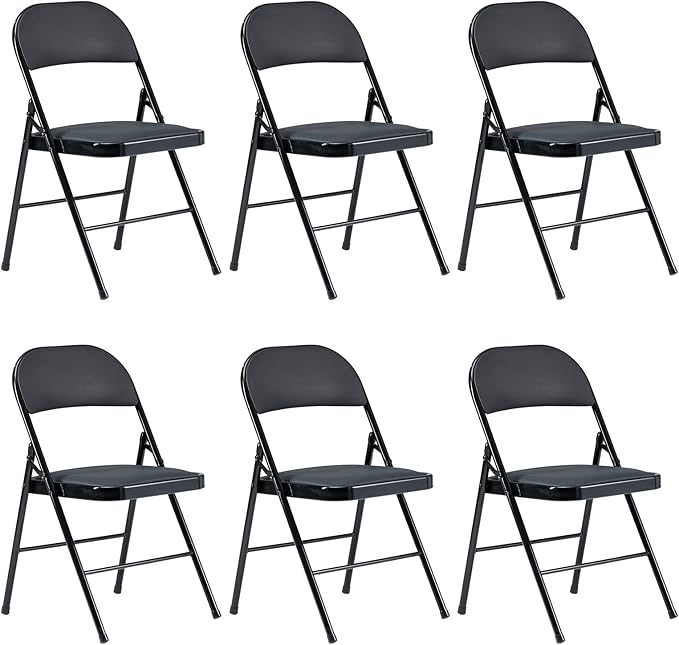 6 Pack Black Folding Chairs with Padded Seats, Portable Stackable Foldable Chairs for Indoor and Outdoor, Commercial Seat with Metal Frame for Events Office Wedding Party, 330lbs Capacity