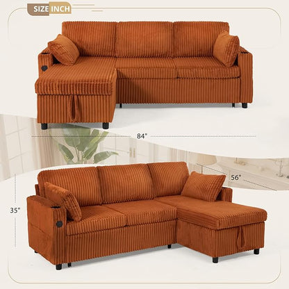 84" Corduroy Pull Out Sofa Bed w/Adjustable Backrests, Sectional L-Shape Sleeper Sofa w/Storage Chaise, Convertible Couch Bed w/USB Charging Port & Cup Holders for Living Room, House, Orange