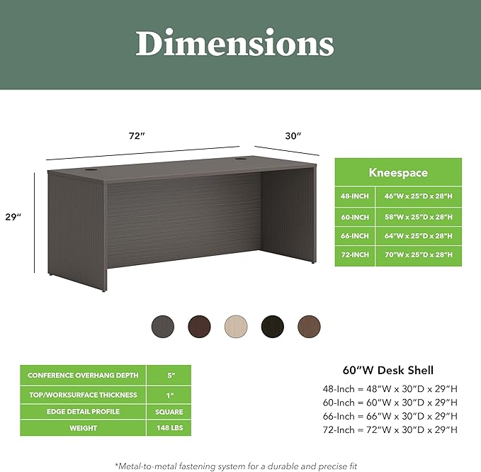 HON MOD Executive Desk 72-Inch Large Computer Desk Shell, Thick Wooden Laminate, Modern Table with Cord Management, 72" W x 30" D x 29" H, Slate Teak