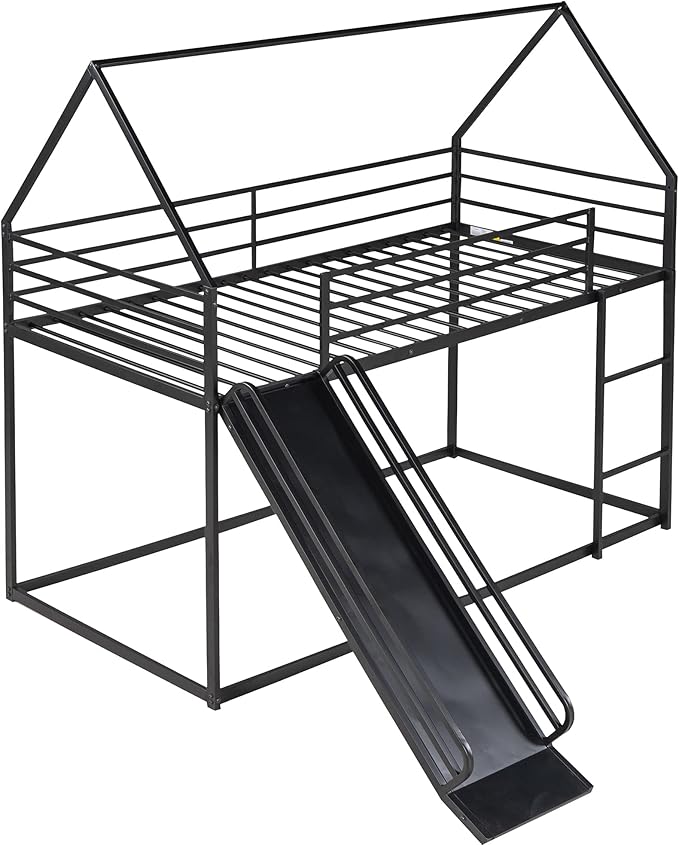 Bunk Bed with Slide for Kids,Bunk Bed Twin Over Twin, Metal Junior House Low Bunk Bed, Toddler Floor Bunk Beds Frame with Guardrail for Kids, Convertible Slide and Ladder Noise Free(New Black)