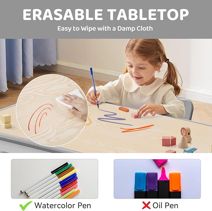 Kids Table and 2 Chairs Set, Height-Adjustable Toddler Table and Chairs Set with Graffiti Desktop, 23.6''L x 23.6''W Children Activity Table for Daycare, Classroom, Home, Grey-w