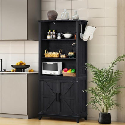 70in Tall Bookshelf 5 Tier Bookcase with Barn Doors and Adjustable Shelves, Black Farmhouse Book Shelf with Storage Cabinet, Wood Freestanding Display Bookshelves for Bedroom, Kitchen (2PCS)