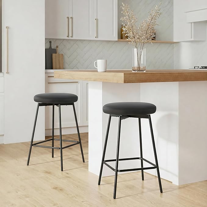 Swivel Bar Stools Set of 6, 24" Counter Height Bar Stool, Backless Barstools with Faux Leather Upholstered Seat&Sturdy Wood Legs for Kitchen Island, Black