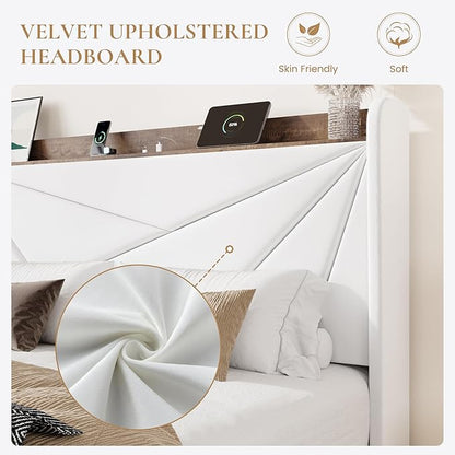 SHA CERLIN Full Size Bed Frame with 3 Drawers, USB & Type-C Charging Ports, Velvet Upholstered Platform Bed with Modern Geometric Wingback Storage Headboard, No Box Spring Needed, Easy Assembly, White