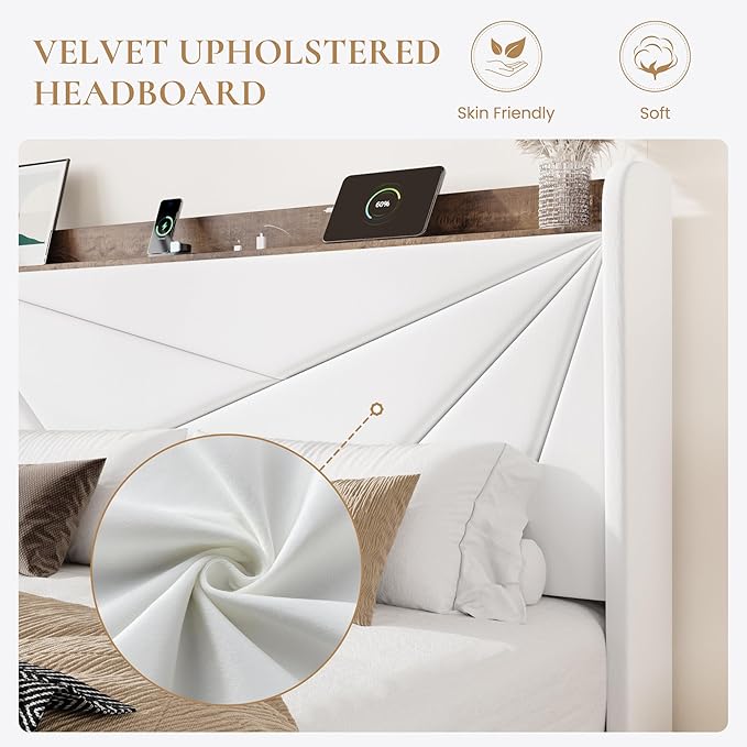 SHA CERLIN Queen Bed Frame with 3 Drawers, USB & Type-C Charging Ports, Velvet Upholstered Platform Bed with Modern Geometric Wingback Storage Headboard, No Box Spring Needed, Easy Assembly, White