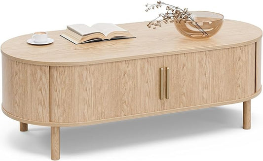 Coffee Table for Living Room, Modern Oval Coffee Table with Cabinets & Sliding Doors, Home Small Space, 47.2" Fluted Center Table, Natual