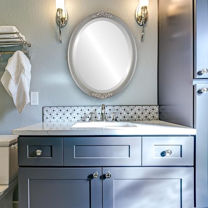 OVALCREST Oval Beveled Wall Mirror for Home Decor - Athena Style - Silver Shade - 26" x 22" Outside Dimensions