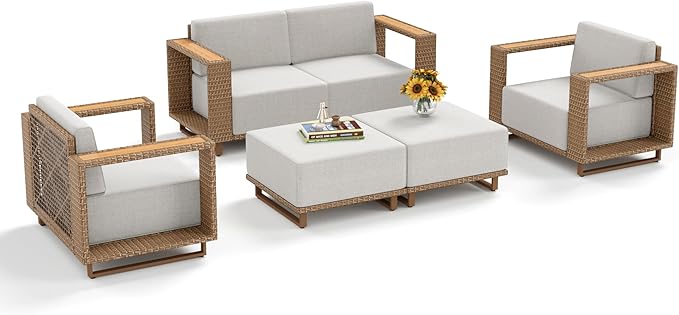 Outdoor Patio Furniture Set, 6 Piece Outdoor Rattan Wicker Couch, Conversation Sets with 2 Single Sofas, 2 Armchairs and 2 Ottomans for Deck Backyard Lawn