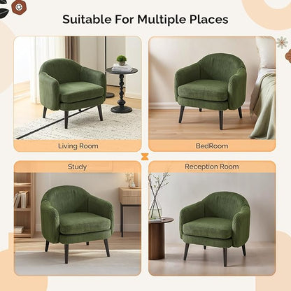 VINGLI 30.3" Wide Modern Barrel Accent Armchairs Set of 2 with Track Armrest, Solid Wooden Legs, Comfy Upholstered Club Chairs, Single Home Sofa for Living Room, Bedroom, Reading Room, Corduroy Green