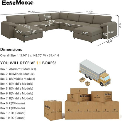 EASE MOOSE Oversized U Shaped Couch,Modular Sectional Convertible Sofa with Wide Deep,Extra Large Faux Leather Scratch Resistant Modern Couch for Big Spaces Living Room,Light Grey