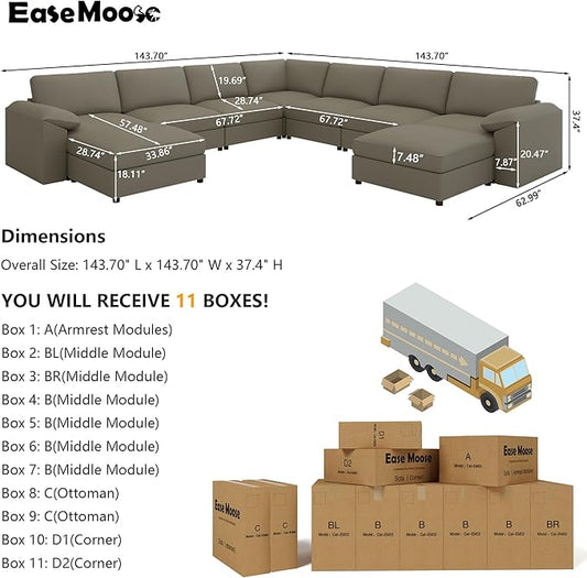 EASE MOOSE Oversized U Shaped Couch,Modular Sectional Convertible Sofa with Wide Deep,Extra Large Faux Leather Scratch Resistant Modern Couch for Big Spaces Living Room,Light Grey