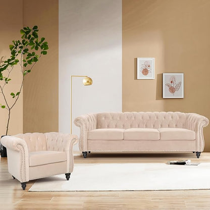 Velvet Sofa Couches Set, 3-Piece Mid Century Modern Upholstered Couch with Cushions, Home Sofa Sectional Furniture Sets, Comfy Tufted Chesterfield Couches for Living Room, Bedroom, Office