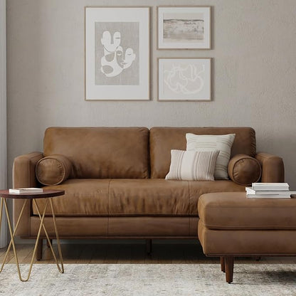 SIMPLIHOME Morrison 72-inch Wide Sofa in Caramel Brown Top Grain Genuine Leather, Mid-Century Modern-Style Loveseat for Living Room, Single Bench Cushion, Removable Back Cushions, 2 Bolster Pillows