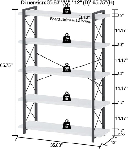HCHQHS Bookshelf, 5-Tier Industrial Bookcase, Open Book Shelf, Freestanding Tall Bookshelves with Metal Frame