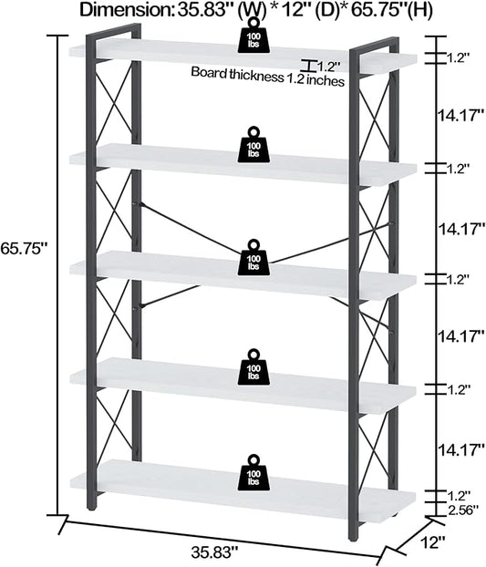 HCHQHS Bookshelf, 5-Tier Industrial Bookcase, Open Book Shelf, Freestanding Tall Bookshelves with Metal Frame