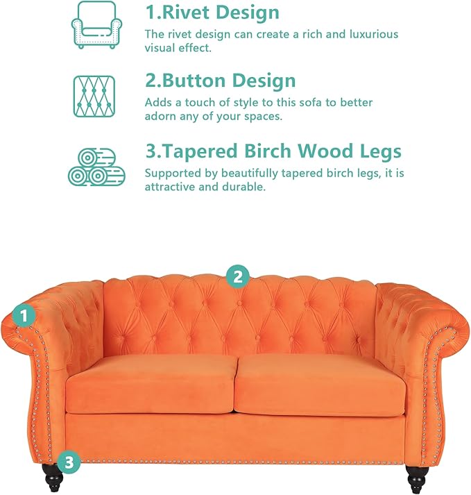 Chesterfield Loveseat Sofa, Modern Velvet Small Sofa Couch 2 Seater with Rolled Arms and Nailhead, Mid Century Modern Loveseat Couch for Small Spaces Living Room Bedroom Apartment, Orange