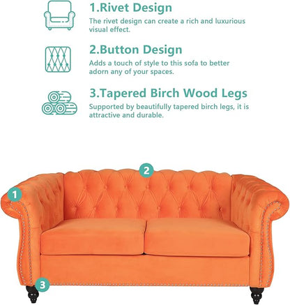 Chesterfield Loveseat Sofa, Modern Velvet Small Sofa Couch 2 Seater with Rolled Arms and Nailhead, Mid Century Modern Loveseat Couch for Small Spaces Living Room Bedroom Apartment, Orange