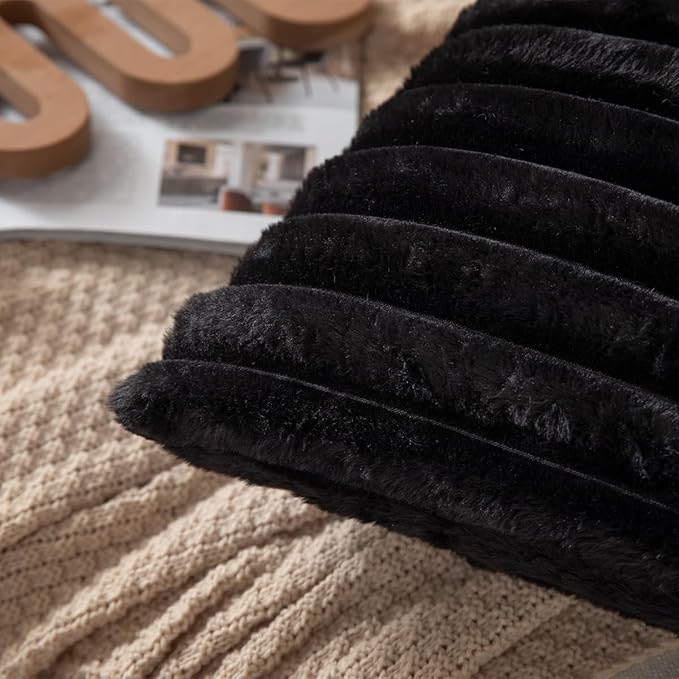 DEELAND Pack of 2,Double-Sided Faux Fur Plush Decorative Throw Pillow Covers Fuzzy Striped Soft Pillowcase Cushion Covers for Sofa Couch Bedroom Black 20x20 inch