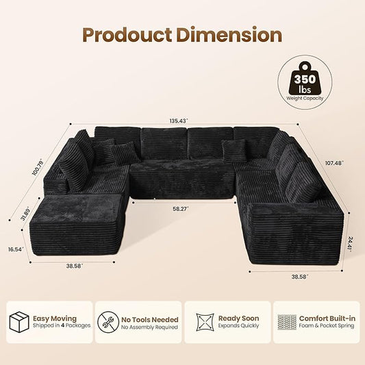 Cloud Sectional Couch with Loveseat, Boneless U-Shaped Cloud Couch with Deep Seat, Soft Plush Modern Minimalist Sofa, Assembly Free Modular Floor Sofa for Office Living Room Apartment, Black