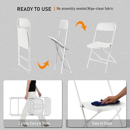 SEALAMB Plastic Folding Chairs 10 Pack, White Commercial Portable Indoor/Outdoor Chairs for Home Office, Wedding, Events Parties with Steel Frame, 350lbs Capacity (White-Plastic, 10 Pack)