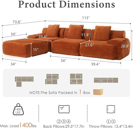 VK·LIVING 113" Cloud Sectional Couch, 61.6" Deep Seat Boneless Modular Sofa with Wide Armrests, Plush Corduroy Memory Foam Couch for Living Room, No Assembly, Orange