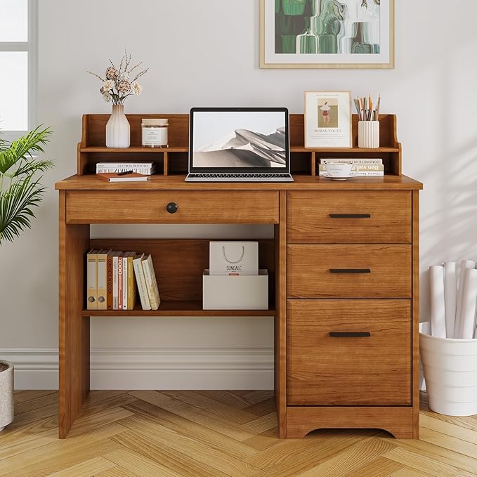 4 EVER WINNER Computer Desk with Drawers for Small Spaces, Wood Desk with File Cabinet & Monitor Stand, Office Desks Writing Study Table for Bedroom, Brown