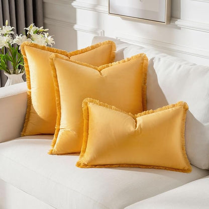 FUTEI Orange Velvet Decorative Throw Pillow Covers 16x16 Set of 2,Soft Cozy Edge with Tassels Cushion Case,Boho Modern Home Decor for Couch Bed Living Room