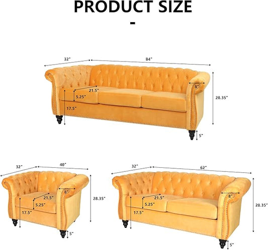 Home Sofa Living Room Furniture, 3 Seater 84" Velvet Upholstered Couch, Mid Century Modern Comfy Couch with Cushions, Classic Tufted Chesterfield Couches for Bedroom, Office, Apartment (Yellow)