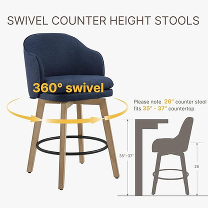 Counter Height Barstools 26 inch Upholstered Swivel Bar Stools with Back and Wood Legs for Kitchen Island,Set of 1,Blue Fabric