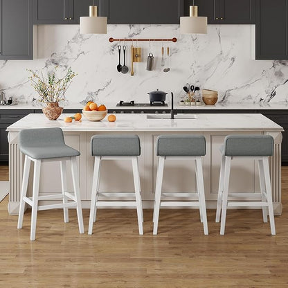 COSTWAY Wooden Bar Stools Set of 2, 29-inch Height Upholstered Padded Seat, Low Backrest, Footrest, Rubber Wood Legs, Armless Bar Chairs for Kitchen Counter Island, Dining Room, White+Gray