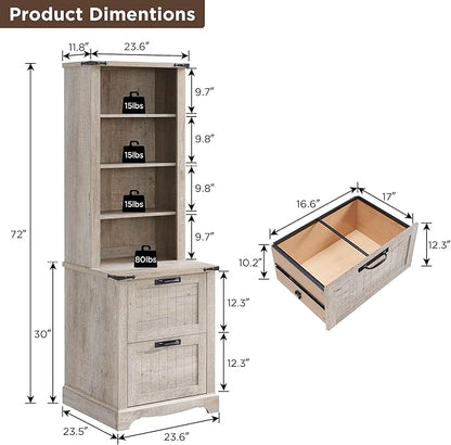 RedLemon Bookcase with 2 File Drawers, 72" Tall Farmhouse Bookshelf with Storage and Adjustable Shelves, 4 Tier Rustic Wood Bookshelf with Cabinet for Home Office, Living Room (Light Rustic Oak)