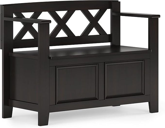 SIMPLIHOME Amherst Entryway Storage Bench - 36 inch Wide Solid Wood Small Hallway Seat in Hickory Brown, Transitional Bench for Entryway or Living Room with Lift-Up Lid and Compact Storage