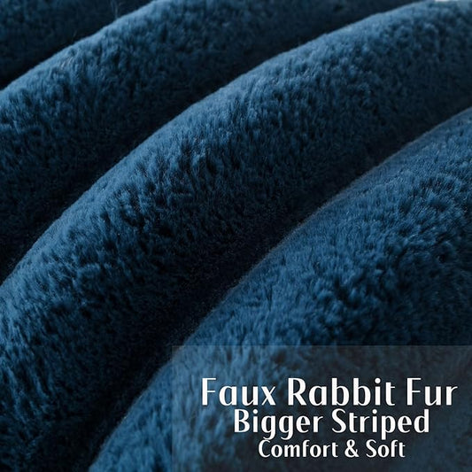 FUTEI Navy Blue Decorative Throw Pillow Covers 22x22 Inch Set of 2, Square Soft Faux Rabbit Fur Thick Striped Cushion Cover,Winter Home Decor for Couch Bed Living Room