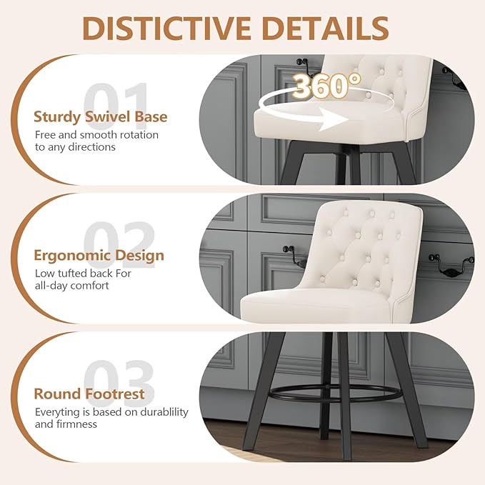 MINCETA Bar Stool, PU Leather Barstool, 30 Inch Upholstered Counter Stool with Low Tufted Back and Footrest, Swivel Counter Height Barstool for Kitchen Island Home Bar White