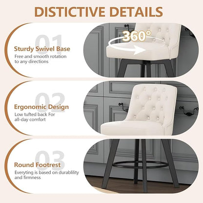 MINCETA Bar Stools Set of 2, PU Leather Barstools, 26 Inch Upholstered Counter Stools with Low Tufted Back and Footrest, Swivel Counter Height Barstools for Kitchen Island Home Bar White