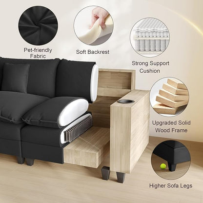 Cloud Couch, Modular Sectional Sofa with Ottoman, Charging Station, Throw Pillows, Cup Holders, Modern Convertible L Shaped Couches for Living Room, Bedroom (Classic Black, 116"- L Shape)